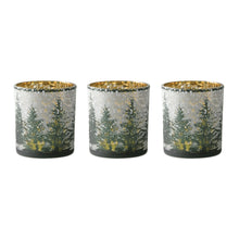 Load image into Gallery viewer, Set of 3 frosted pine mercury glass votive holders with gold interior, rustic Christmas decor
