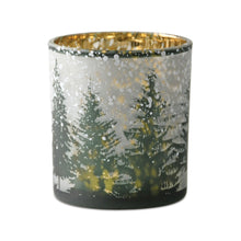Load image into Gallery viewer, Detailed pine tree and snowflake design on mercury glass votive holder
