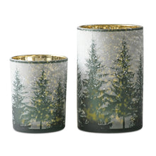 Load image into Gallery viewer, Two assorted sizes of frosted pine mercury glass candle holders, 5 and 7 inches tall&quot;
