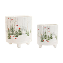 Load image into Gallery viewer, Two assorted sizes of winter cardinal dolomite planters, 4.5 and 6 inches tall
