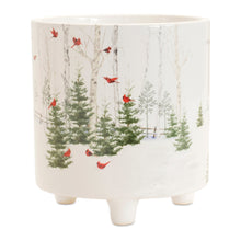Load image into Gallery viewer, Detailed red cardinal and pine forest design on 6&quot; dolomite holiday planter
