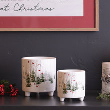 Load image into Gallery viewer, Two white ceramic pots with Christmas tree design on a dark surface, framed by a decorative sign.
