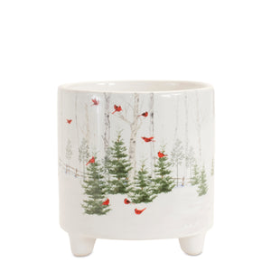 4" decorative planter with winter scene featuring trees and red birds on a white background