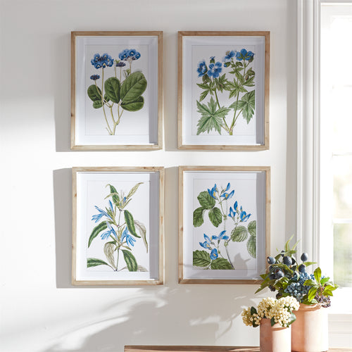 Set of 4 framed floral prints in blue and green tones with natural fir wood frames and glass, farmhouse cottage wall art set