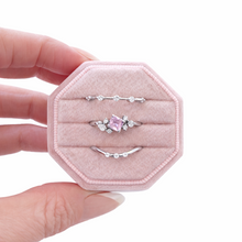 Load image into Gallery viewer, Blush Bloom dainty three piece silver ring stack with pink crystal and cubic zirconia accents gift jewelry
