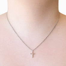 Load image into Gallery viewer, minimalist cross necklace styled on neck
