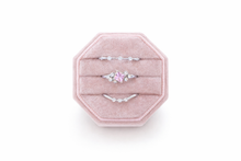 Load image into Gallery viewer, Blush Bloom dainty three piece silver ring stack with pink crystal and cubic zirconia accents gift jewelry in pink gift box
