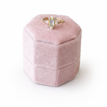Load image into Gallery viewer, Pink hexagonal velvet jewelry box with a ring on a white background
