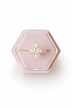 Load image into Gallery viewer, Marina pearl ring with sky blue crystal centerpiece and pearl zircon accents in gold plated setting

