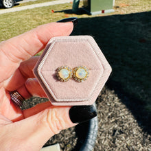 Load image into Gallery viewer, Aurora Opal Halo Stud Earrings – Gold Plated Opal &amp; Cubic Zirconia Halo Studs | Gift Jewelry for Her
