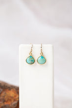 Load image into Gallery viewer, Handmade turquoise teardrop dangle earrings in gold bezel settings with gold filled ear wires, minimalist statement jewelry for women
