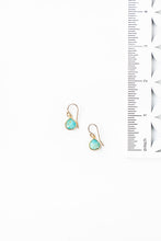 Load image into Gallery viewer, Pair of turquoise earrings with gold hooks next to a ruler on a white background
