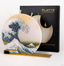 Load image into Gallery viewer, Great Wave art candle displayed on steel stand Round decorative
