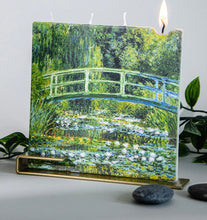 Load image into Gallery viewer, Art inspired decorative flat candle featuring Japanese Footbridge artwork with steel stand
