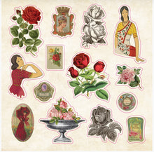 Load image into Gallery viewer, Collection of vintage-style stickers featuring women, roses, and decorative elements on a beige background.
