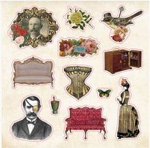 Load image into Gallery viewer, Collection of vintage-style stickers including portraits, furniture, and nature elements on a beige background.
