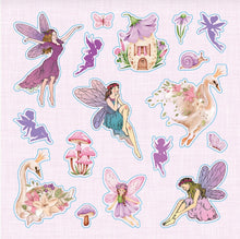 Load image into Gallery viewer, Sticker set with fairies, flowers, and a castle on a light pink background
