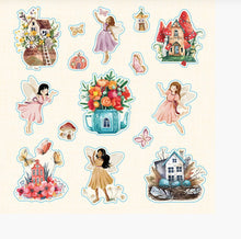 Load image into Gallery viewer, Set of fairy-themed stickers with houses, flowers, and fairies on a beige background
