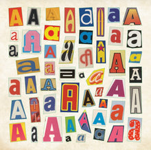 Load image into Gallery viewer, Collage of variously colored and styled letters 'A' and 'a' stickers on a textured background.
