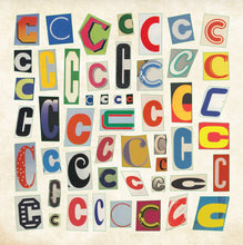 Load image into Gallery viewer, Collage of variously colored and styled letters 'C' stickers on a textured beige background
