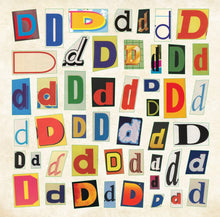 Load image into Gallery viewer, Collage of variously styled 'D' and 'd' letter stickers in different colors on a beige background.
