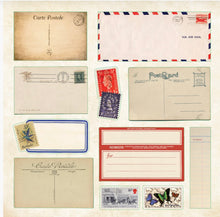Load image into Gallery viewer, Collection of vintage postcards and envelopes with stamps stickers on a beige background
