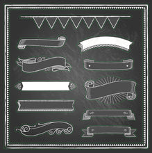 Load image into Gallery viewer, Set of decorative white ribbons and banner stickers on a blackboard background
