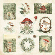 Load image into Gallery viewer, Set of decorative stickers featuring mushrooms, fairy houses, and nature elements on a beige background.
