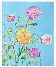 Load image into Gallery viewer, Floral journal with pink, yellow, and purple flowers on a blue background
