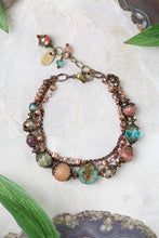 Load image into Gallery viewer, Multistrand druzy lepidolite quartz bracelet with Czech glass and antique copper clasp
