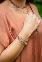 Load image into Gallery viewer, Multistrand druzy lepidolite quartz bracelet with Czech glass and antique copper clasp
