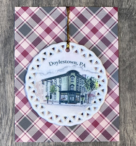 Artist M. Catherine Bateman’s Paper Unicorn watercolor reproduced on ceramic ornament, Bucks County holiday ornament featuring The Paper Unicorn watercolor artwork