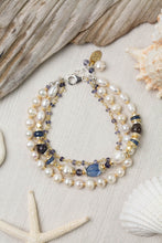 Load image into Gallery viewer, Layered pearl bracelet with kyanite and iolite gemstones in gold filled and sterling silver, adjustable multi strand design
