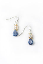 Load image into Gallery viewer, kyanite and pearl dangle earrings in sterling silver with blue briolette drop, elegant gift earrings
