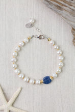 Load image into Gallery viewer, Handcrafted freshwater pearl and kyanite bracelet with sterling silver lobster clasp
