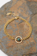 Load image into Gallery viewer, African turquoise bracelet with woven stone focal in matte gold circle, adjustable gift bracelet
