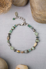 Load image into Gallery viewer, Multistrand aquamarine abalone bracelet with Czech glass, Roman glass, pearl, and antique silver clasp
