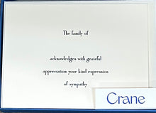 Load image into Gallery viewer, Crane engraved sympathy acknowledgment note card on ecru kid finish paper
