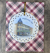 Load image into Gallery viewer, Close-up of Doylestown Inn ornament with Bucks County historic landmark watercolor design, Historic Pennsylvania holiday ornament featuring Doylestown Inn watercolor artwork
