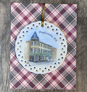 Close-up of Doylestown Inn ornament with Bucks County historic landmark watercolor design, Historic Pennsylvania holiday ornament featuring Doylestown Inn watercolor artwork