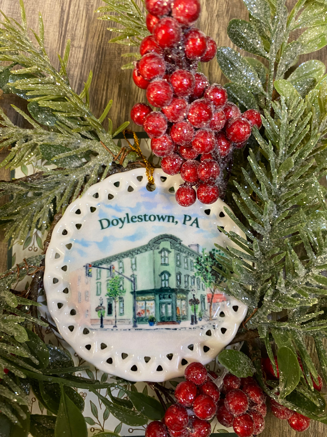 Handcrafted Paper Unicorn holiday ornament from M. Catherine Bateman watercolor, 
Bucks County holiday ornament featuring The Paper Unicorn watercolor artwork