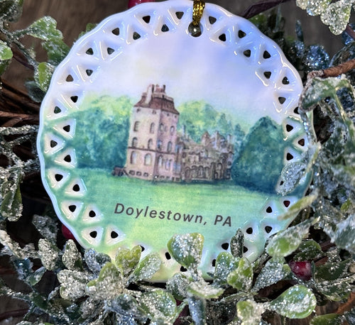 Handcrafted Fonthill Castle holiday ornament from M. Catherine Bateman watercolor, exclusive to The Paper Unicorn