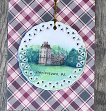 Load image into Gallery viewer, Fonthill Castle Christmas ornament packaged on display card with artist details
Close-up of Fonthill Castle ornament with Bucks County historic landmark watercolor design
Historic Pennsylvania holiday ornament featuring Fonthill Castle watercolor artwork
Artist M. Catherine Bateman’s Fonthill Castle watercolor reproduced on ceramic holiday ornament Castle ornament 
