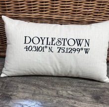 Load image into Gallery viewer, Custom Embroidered Pillow - City &amp; Latitude/Longitude Design
