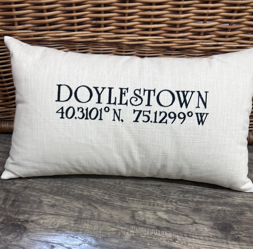 Custom Embroidered Pillow - City & Latitude/Longitude Design