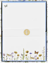 Load image into Gallery viewer, Butterfly and flower stationery sheets with gold foil accents
