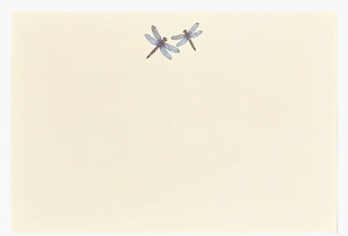 A flat note card with a gold foil embossed dragonfly design at the top, sent against a white background.