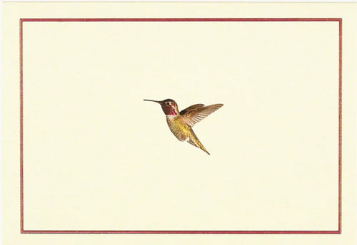 Jewel-toned hummingbird note card with gold foil on ivory background