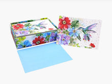 Load image into Gallery viewer, Elegant hummingbird garden note cards with colorful floral artwork, gold foil accents, and matching self-sealing envelopes
