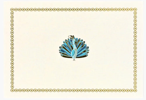 Decorative card with a peacock design on a beige background